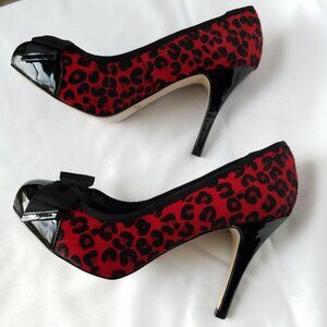 White House Black Market Naomi Red Black Calf Hair Leopard Print Heels 6M